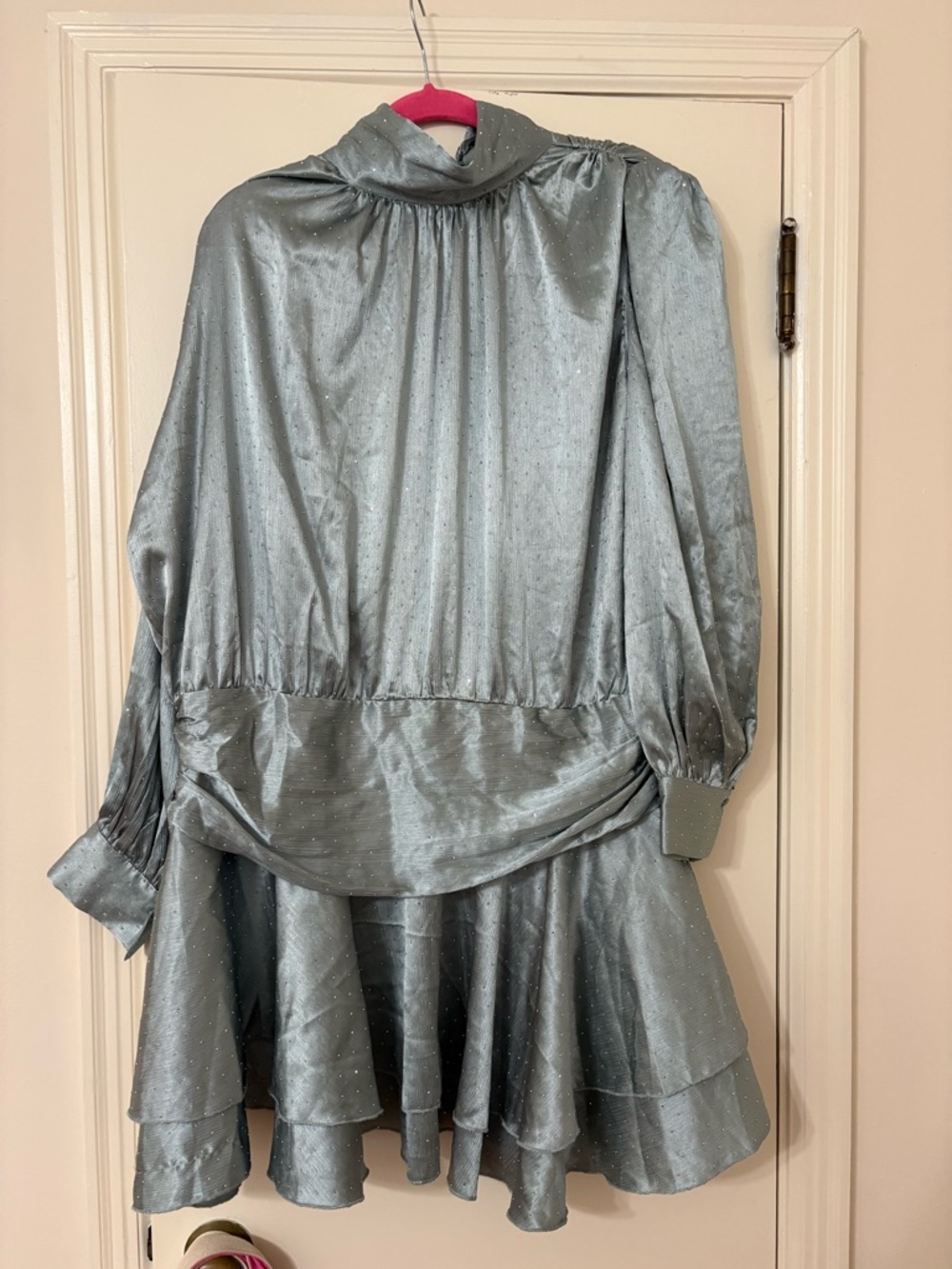 Fashion Nova Shimmery Silver Satin Long Sleeve Drop Waist Dress